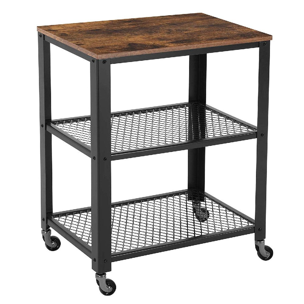 3 Tier Wooden Serving Cart with 2 Mesh Design Shelves, Black and Brown - BM197496