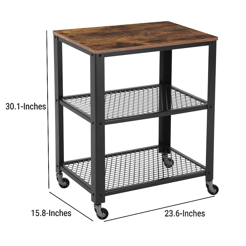 3 Tier Wooden Serving Cart with 2 Mesh Design Shelves, Black and Brown - BM197496