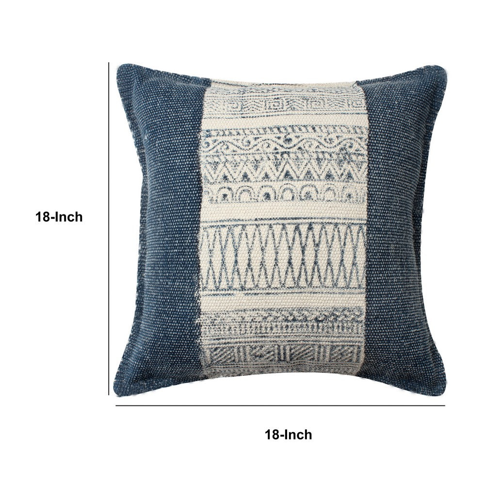 18 x 18 Square Handwoven Accent Throw Pillow, Polycotton Dhurrie, Kilim Pattern, Set of 2, White, Blue - BM200551