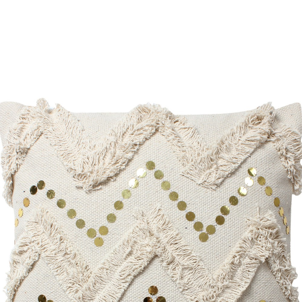 18 x 18 Square Polycotton Handwoven Accent Throw Pillow, Fringed, Sequins, Chevron Design, Set of 2, Off White - BM200556
