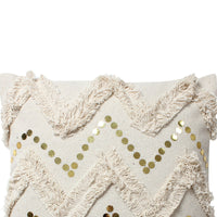 18 x 18 Square Polycotton Handwoven Accent Throw Pillow, Fringed, Sequins, Chevron Design, Set of 2, Off White - BM200556
