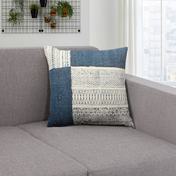 Dae 24 x 24 Square Handwoven Cotton Accent Throw Pillow, Classic Simple Kilim Pattern, Set of 2, Blue, Off White - BM200561