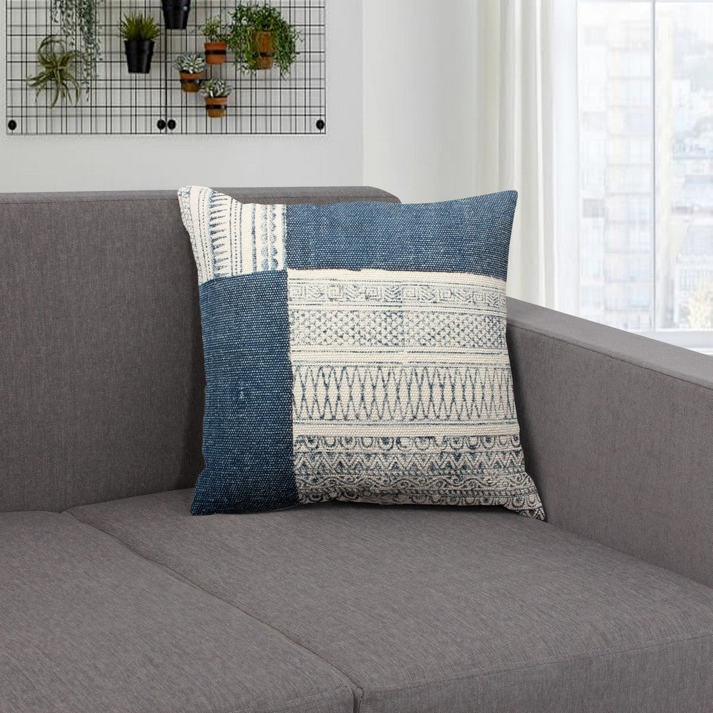 Dae 24 x 24 Square Handwoven Cotton Accent Throw Pillow, Classic Simple Kilim Pattern, Set of 2, Blue, Off White - BM200561