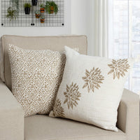 18 x 18 Square Cotton Accent Throw Pillow, Floral and Block Print Patterns, Set of 2, Gold, Off White - BM200564