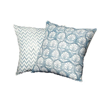 Cotton Pillow with Leaf Motif and Chevron Design, Set of 2, Blue and White - BM200566