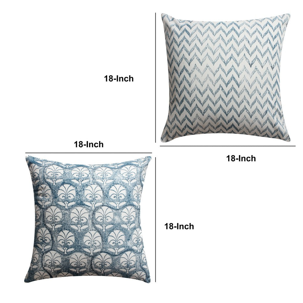 18 x 18 Square Cotton Accent Throw Pillow, Floral and Chevron Patterns, Set of 2, White, Blue - BM200566