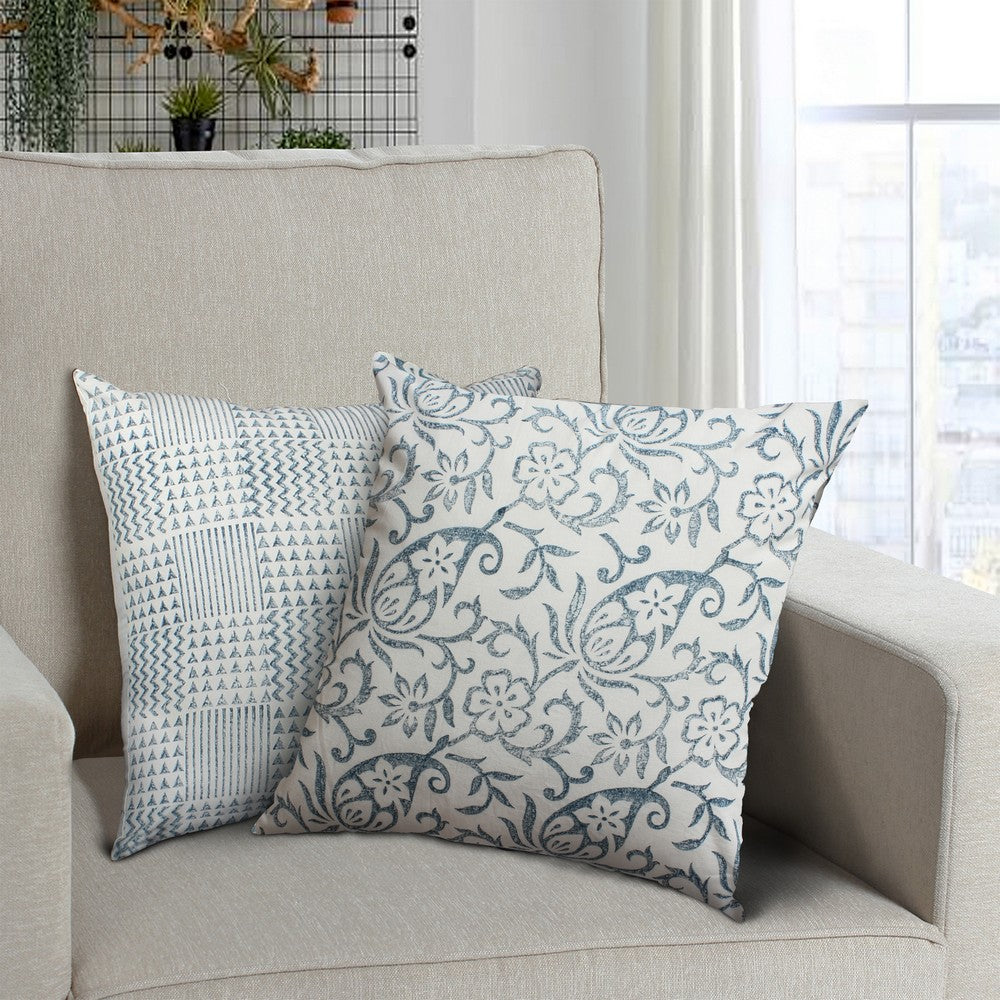 18 x 18 Square Cotton Accent Throw Pillow, Paisley Floral and Square Patterns, Set of 2, White, Blue - BM200567
