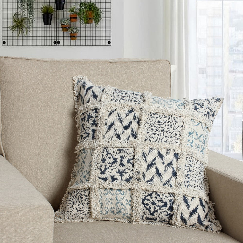 18 x 18 Square Cotton Accent Throw Pillow, Fluffy Fringes, Soft Block Print Raised Pattern, Set of 2, Cream, Blue - BM200569