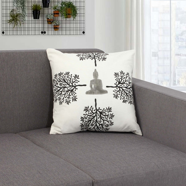 18 x 18 Square Cotton Accent Throw Pillow, Meditating Buddha, Tree Print, Set of 2, White, Black - BM200577