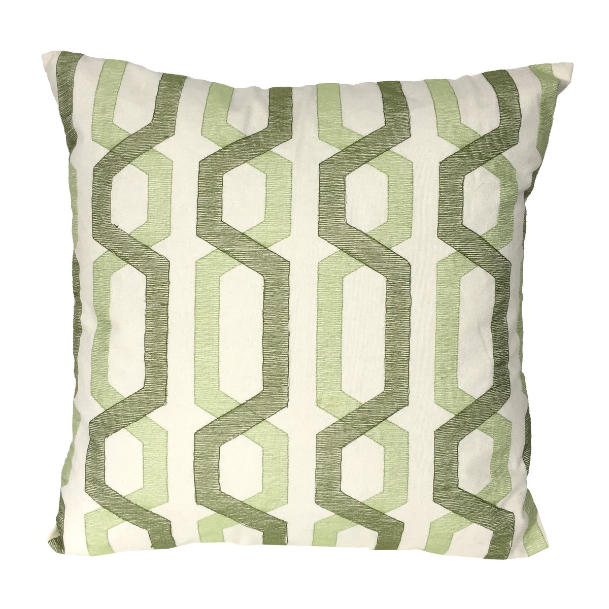 Contemporary Cotton Pillow with Geometric Embroidery, White and Green - BM200583