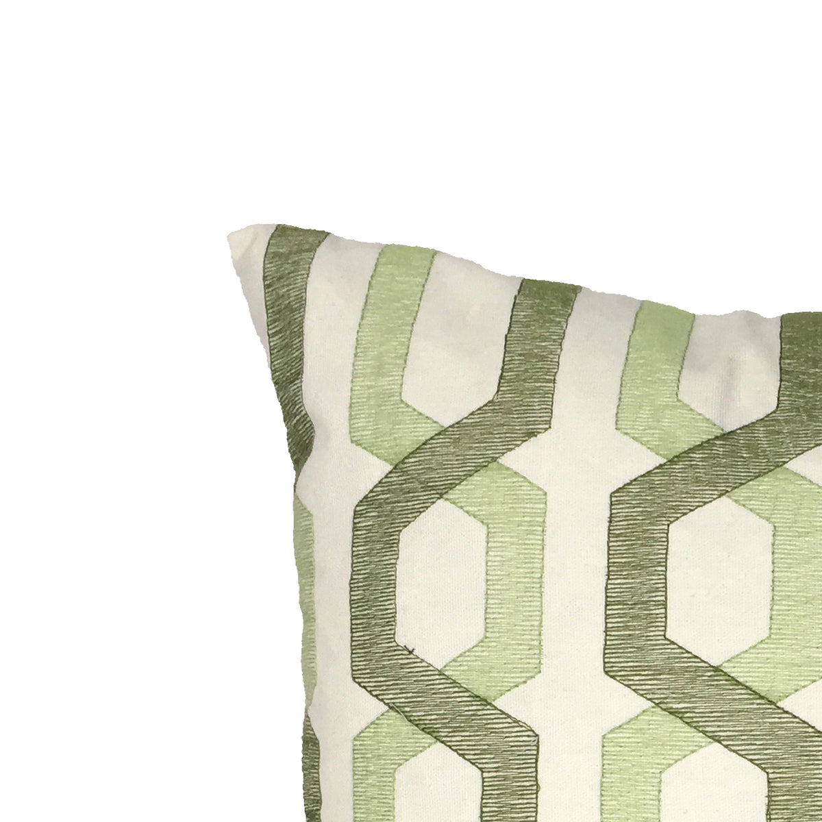 Contemporary Cotton Pillow with Geometric Embroidery, White and Green - BM200583