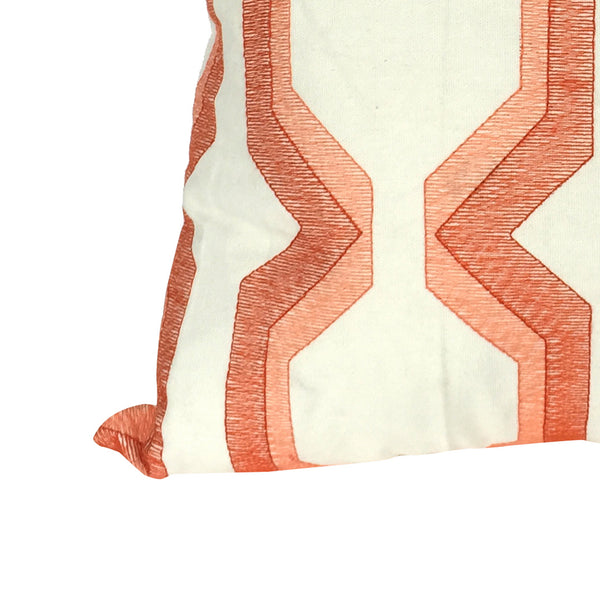 Contemporary Cotton Pillow with Geometric Embroidery, Red and White - BM200586