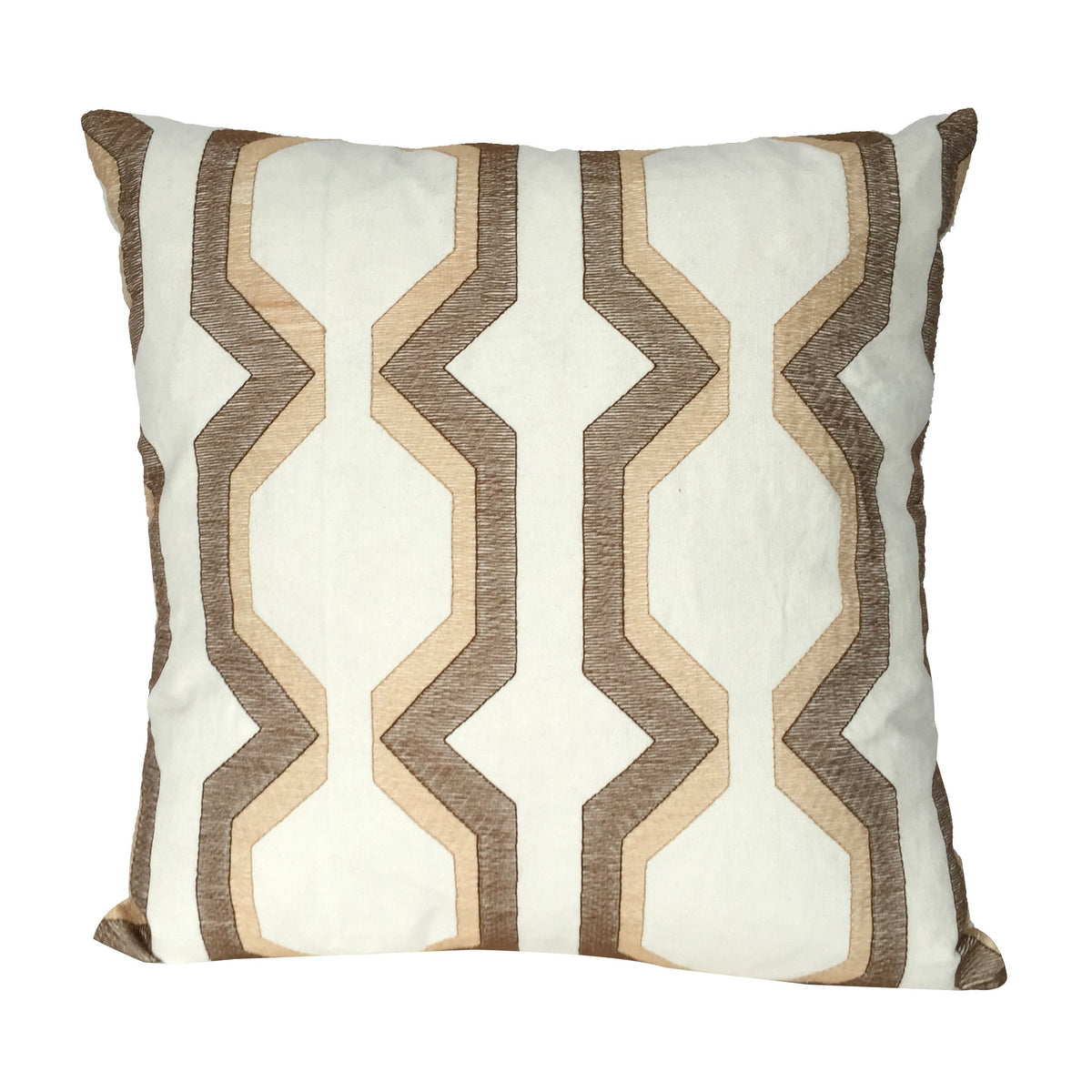 Contemporary Cotton Pillow with Geometric Embroidery, Brown and White - BM200587