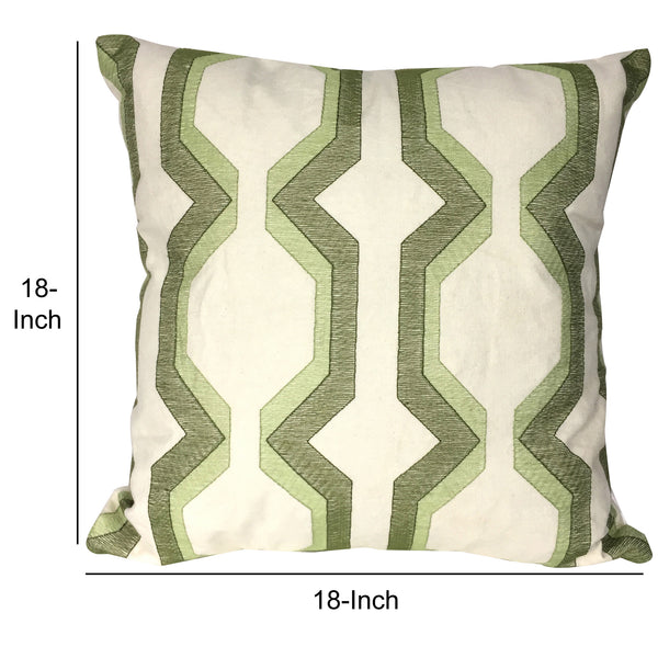 Contemporary Cotton Pillow with Geometric Embroidery, Green and White - BM200588