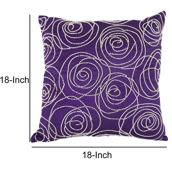 Designer Faux Silk Cotton Pillow with Pearl Beads, Purple and Silver, - BM200590