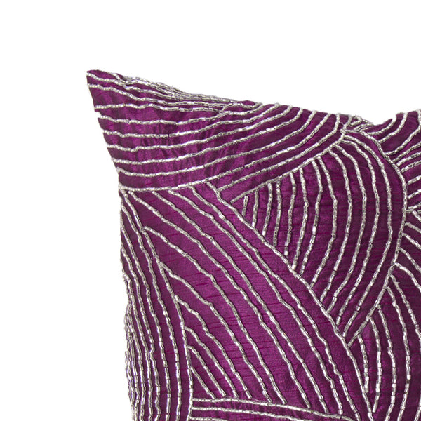 Contemporary Poly Silk Pillow with Geometric Design, Purple and Silver - BM200593