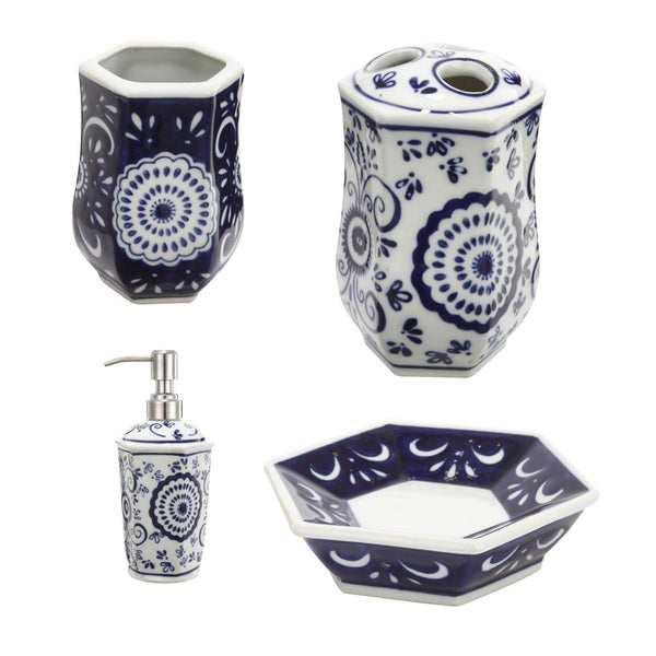 Elegantly Crafted Bath Accessories, Set of 4, Blue and White - BM200607