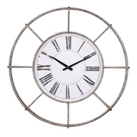 Metal Wall Clock with Circle Dial and Roman Numbers, Silver and White - BM200639