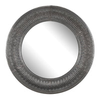 Round Wall Mirror with Thick Embossed Metal Border, Antique Gray - BM200655