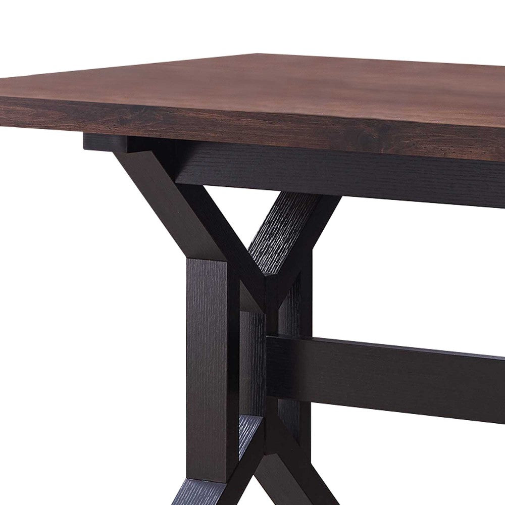 Two Toned Rectangular Wooden Dining Table with X Shaped Trestle Base, Black and Brown - BM200691