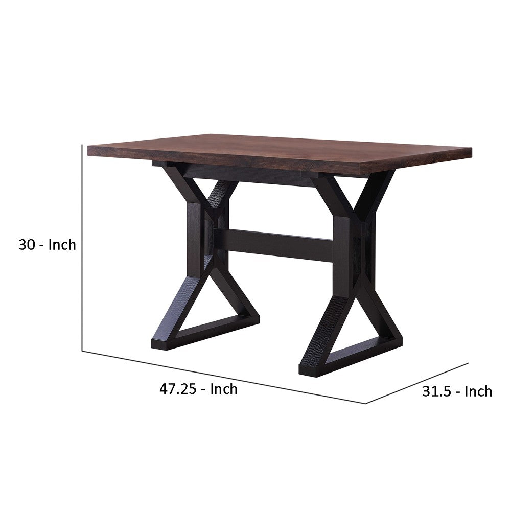 Two Toned Rectangular Wooden Dining Table with X Shaped Trestle Base, Black and Brown - BM200691