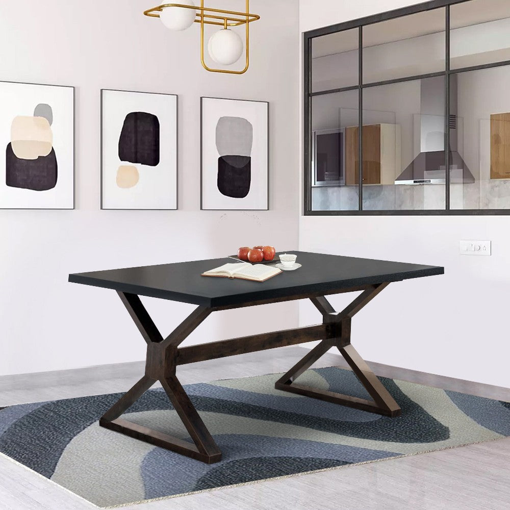 Two Toned Rectangular Wooden Dining Table with X Shaped Trestle Base Black and Brown BM200691