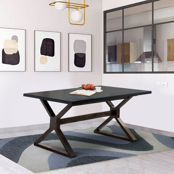 Two Toned Rectangular Wooden Dining Table with X Shaped Trestle Base, Black and Brown - BM200691