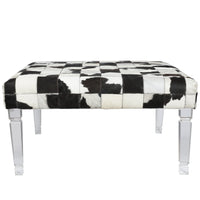 Cow Hide Upholstered Bench with Acrylic Legs, White and Black - BM200865