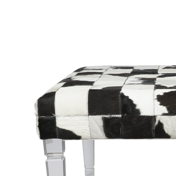 Cow Hide Upholstered Bench with Acrylic Legs, White and Black - BM200865