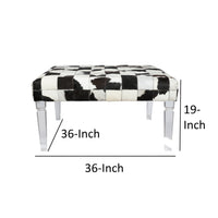 Cow Hide Upholstered Bench with Acrylic Legs, White and Black - BM200865