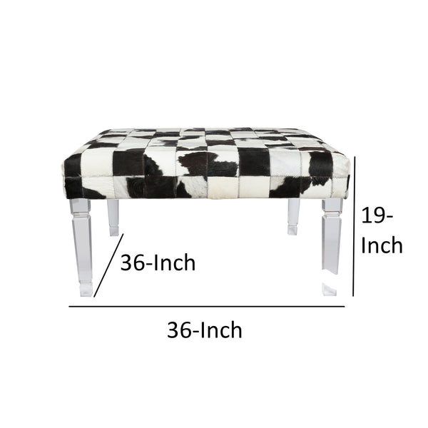 Cow Hide Upholstered Bench with Acrylic Legs, White and Black - BM200865