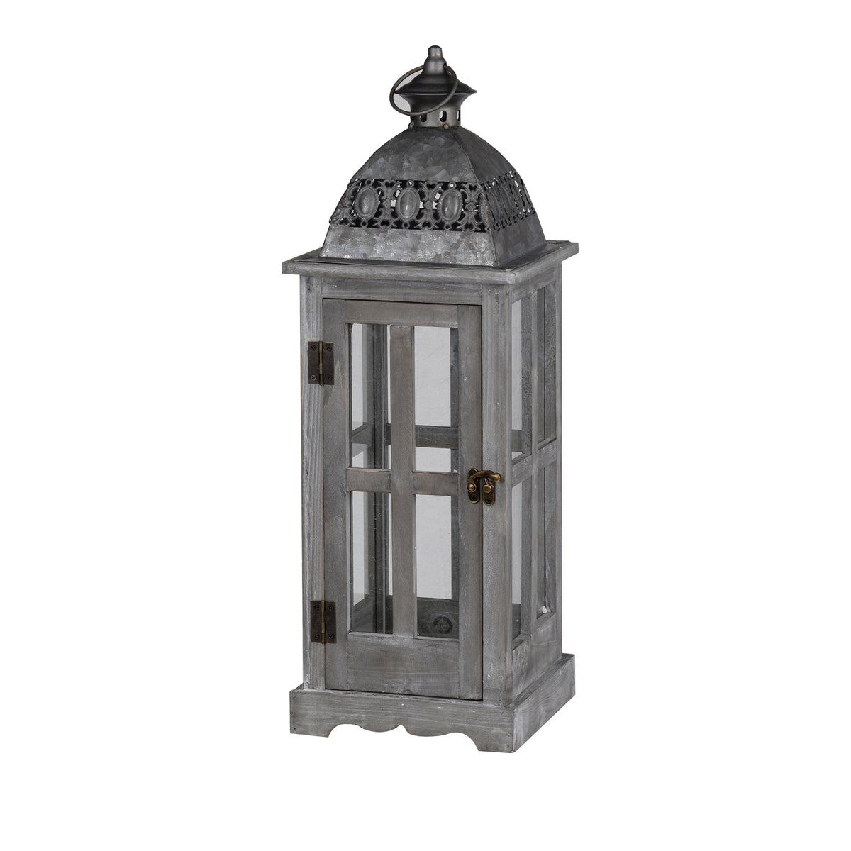 Wood and Metal Lanterns with Glass Window Pane Design, Gray, Set of 2 - BM200911