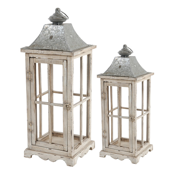 Wood and Metal Lanterns with Window Pane Design, White, Set of 2 - BM200914