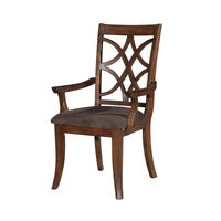 Wooden Arm Chair with Fabric Padded Seat and Lattice Design Backrest, Brown, Set of Two - BM202037