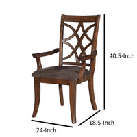 Wooden Arm Chair with Fabric Padded Seat and Lattice Design Backrest, Brown, Set of Two - BM202037