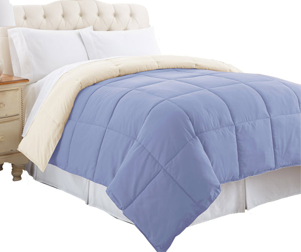 Genoa Twin Size Box Quilted Reversible Comforter , Blue and Cream - BM202039