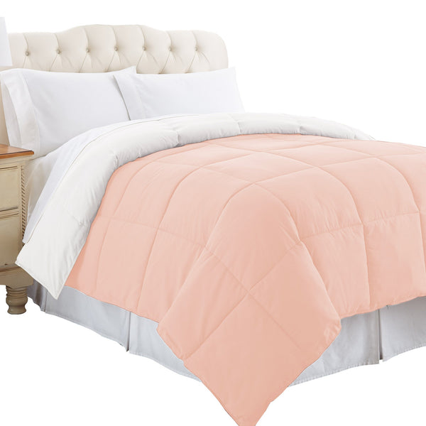 Genoa Twin Size Box Quilted Reversible Comforter , White and Pink - BM202040