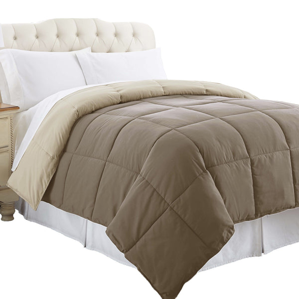 Genoa Twin Size Box Quilted Reversible Comforter , Brown and Gold - BM202042