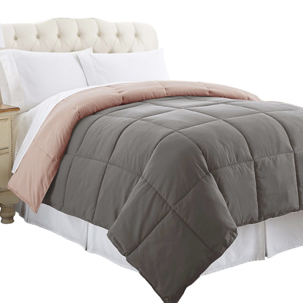 Genoa Twin Size Box Quilted Reversible Comforter , Gray and Pink - BM202043