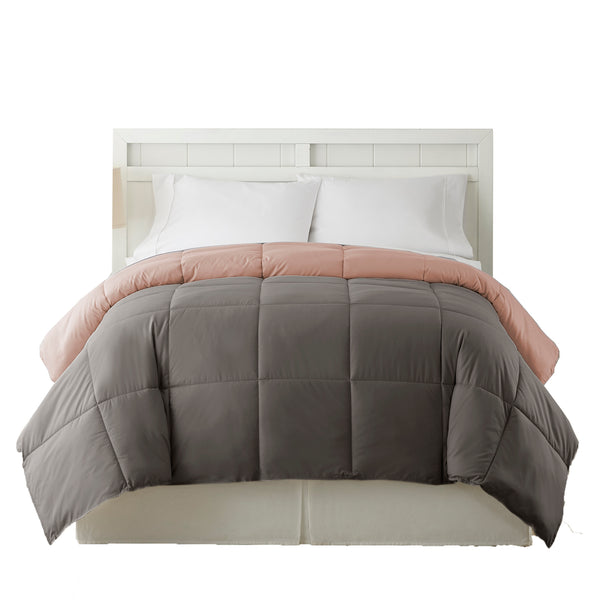 Genoa Twin Size Box Quilted Reversible Comforter , Gray and Pink - BM202043