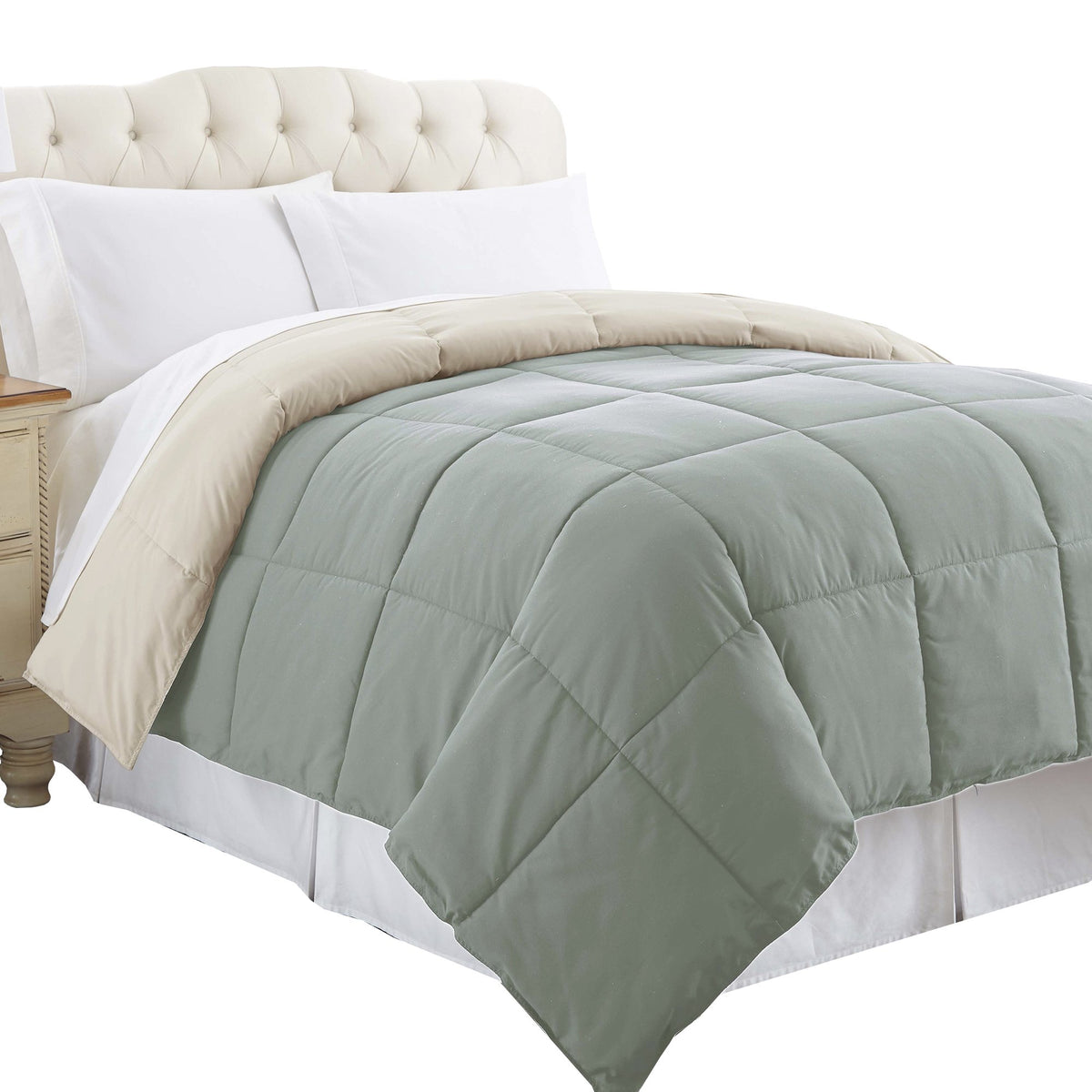 Genoa Twin Size Box Quilted Reversible Comforter , Gray and Beige - BM202044