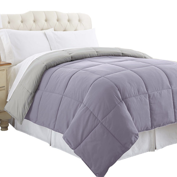 Genoa Twin Size Box Quilted Reversible Comforter , Purple and Gray - BM202045