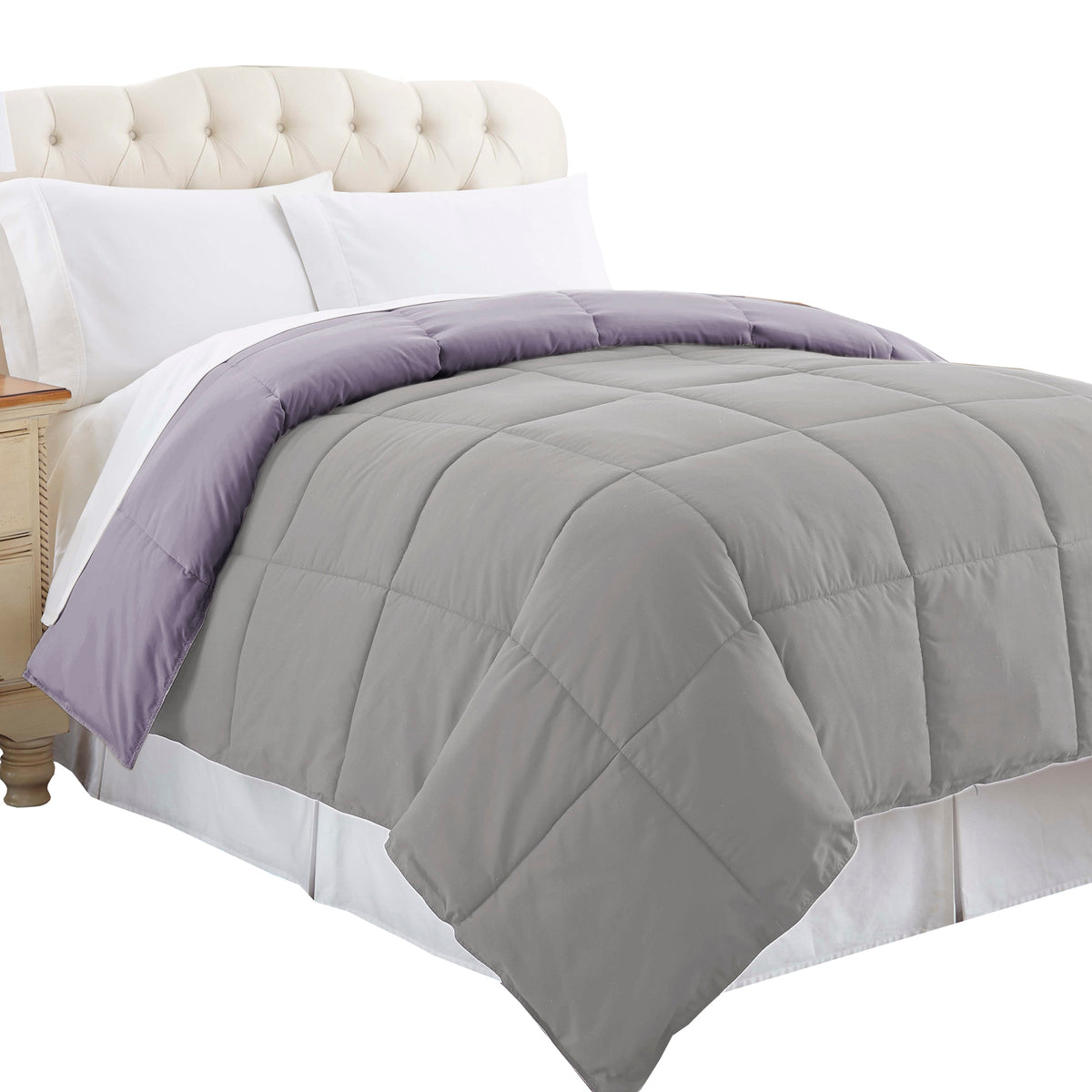 Genoa Twin Size Box Quilted Reversible Comforter , Purple and Gray - BM202045