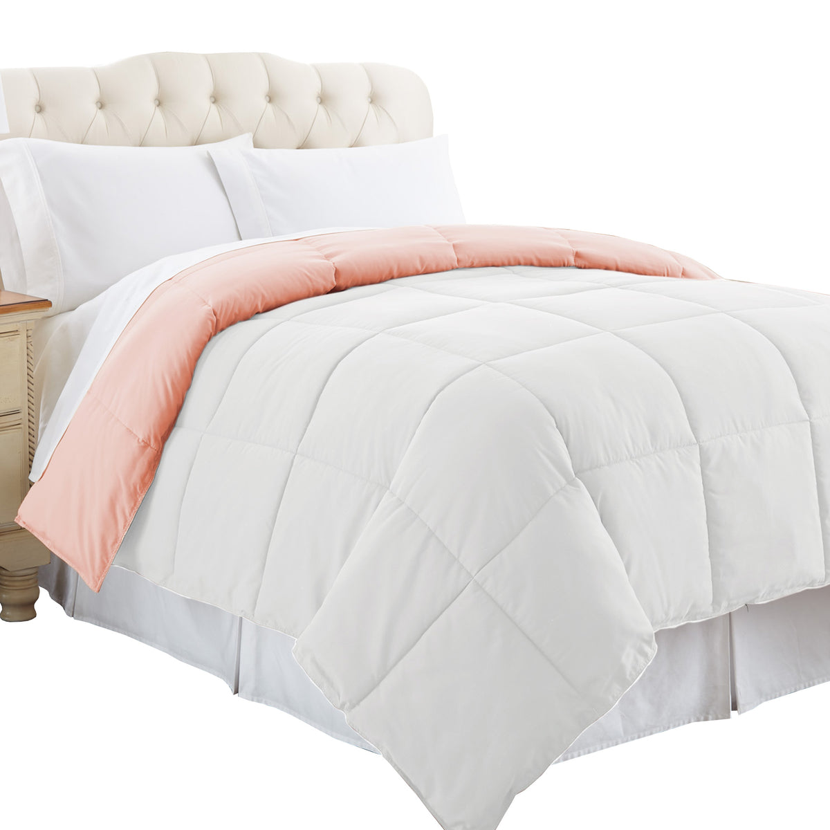 Genoa Queen Size Box Quilted Reversible Comforter , White and Pink - BM202047