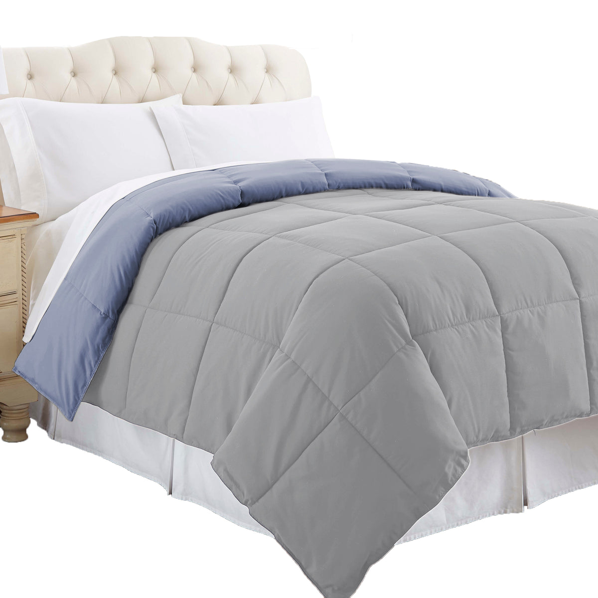 Genoa Queen Size Box Quilted Reversible Comforter , Silver and Blue - BM202048