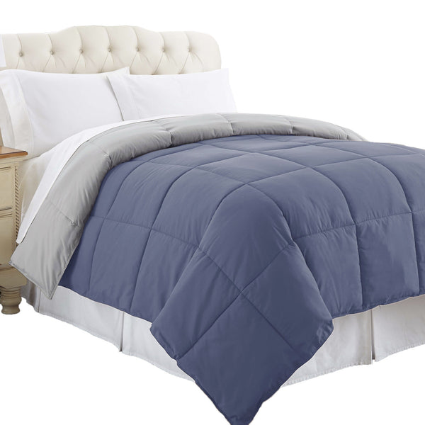 Genoa Reversible King Comforter with Box Quilted , Silver and Blue - BM202055