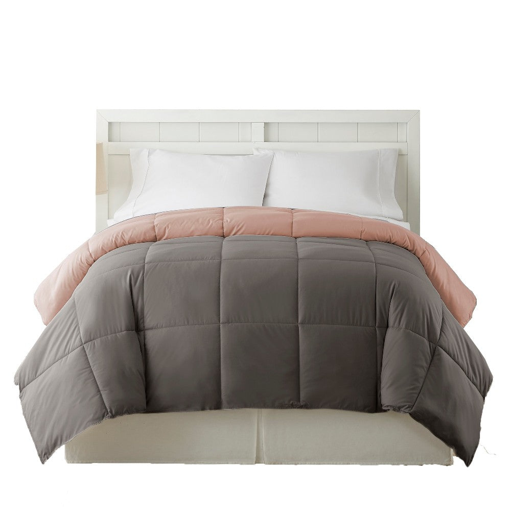 Genoa King Size Box Quilted Reversible Comforter , Gray and Pink - BM202057