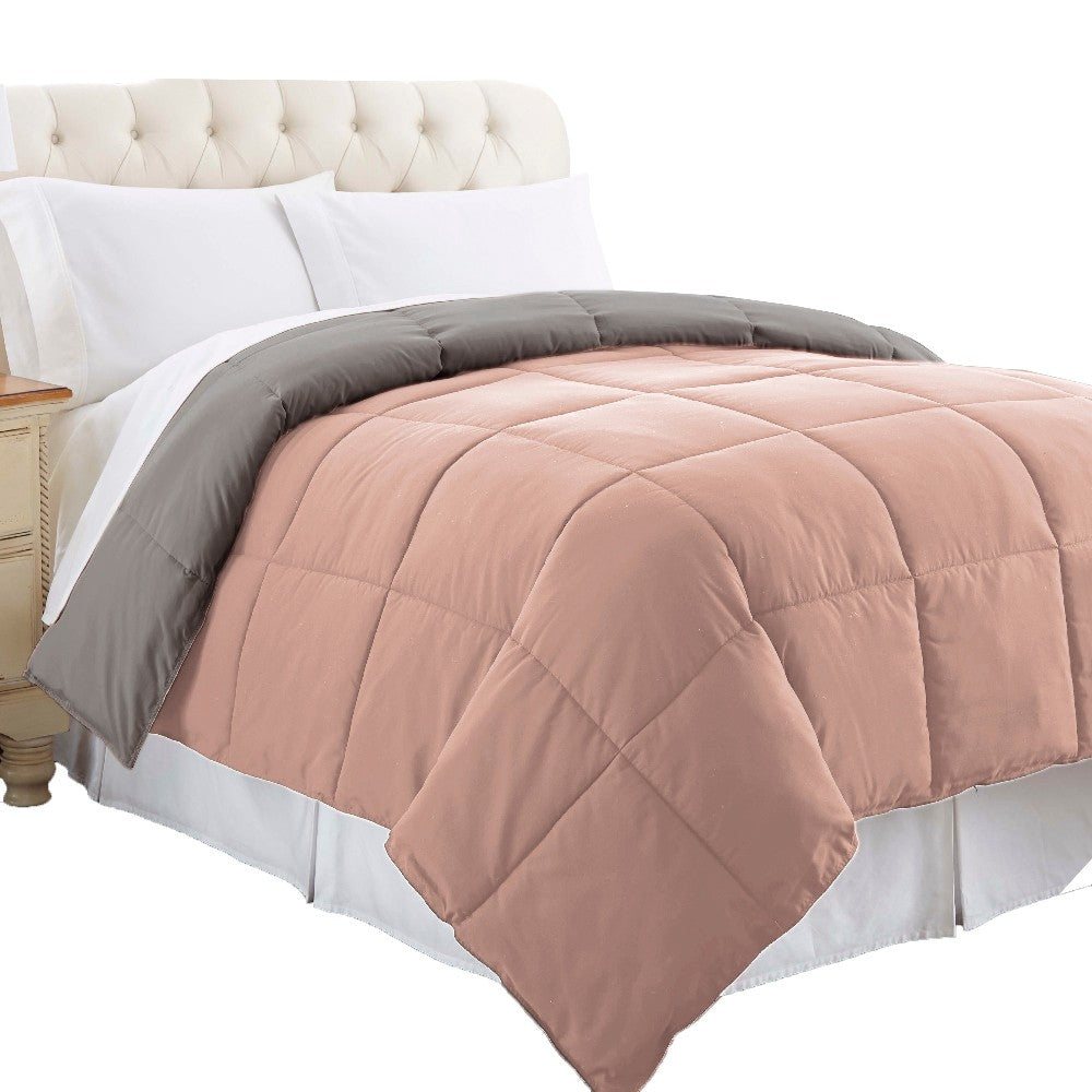 Genoa King Size Box Quilted Reversible Comforter , Gray and Pink - BM202057