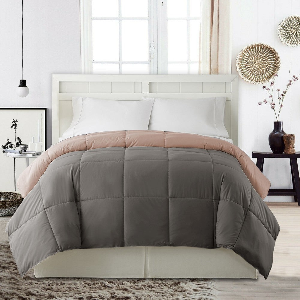 Genoa King Size Box Quilted Reversible Comforter , Gray and Pink - BM202057