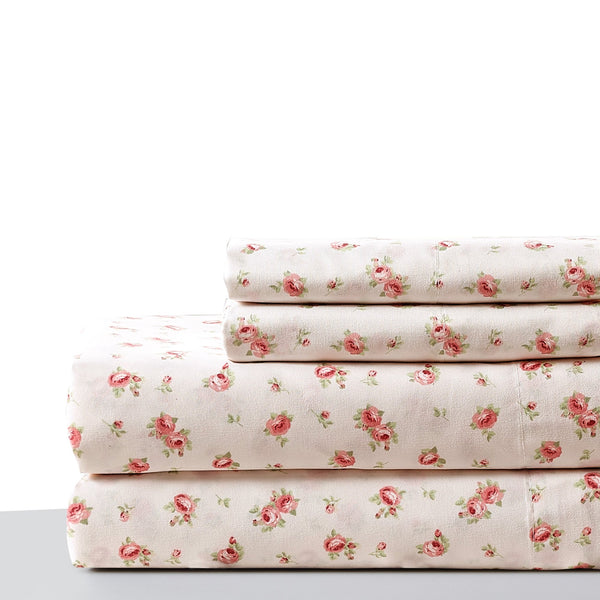Melun 4 Piece Full Size Sheet Set with Rose Sketch , Pink and White - BM202113